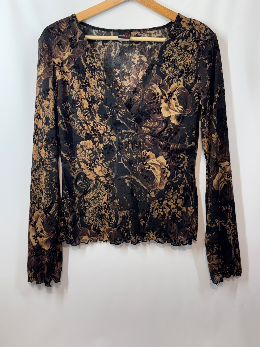 Vintage Studio Y Floral Mesh Wrap Top Y2K Brown Black Size Small